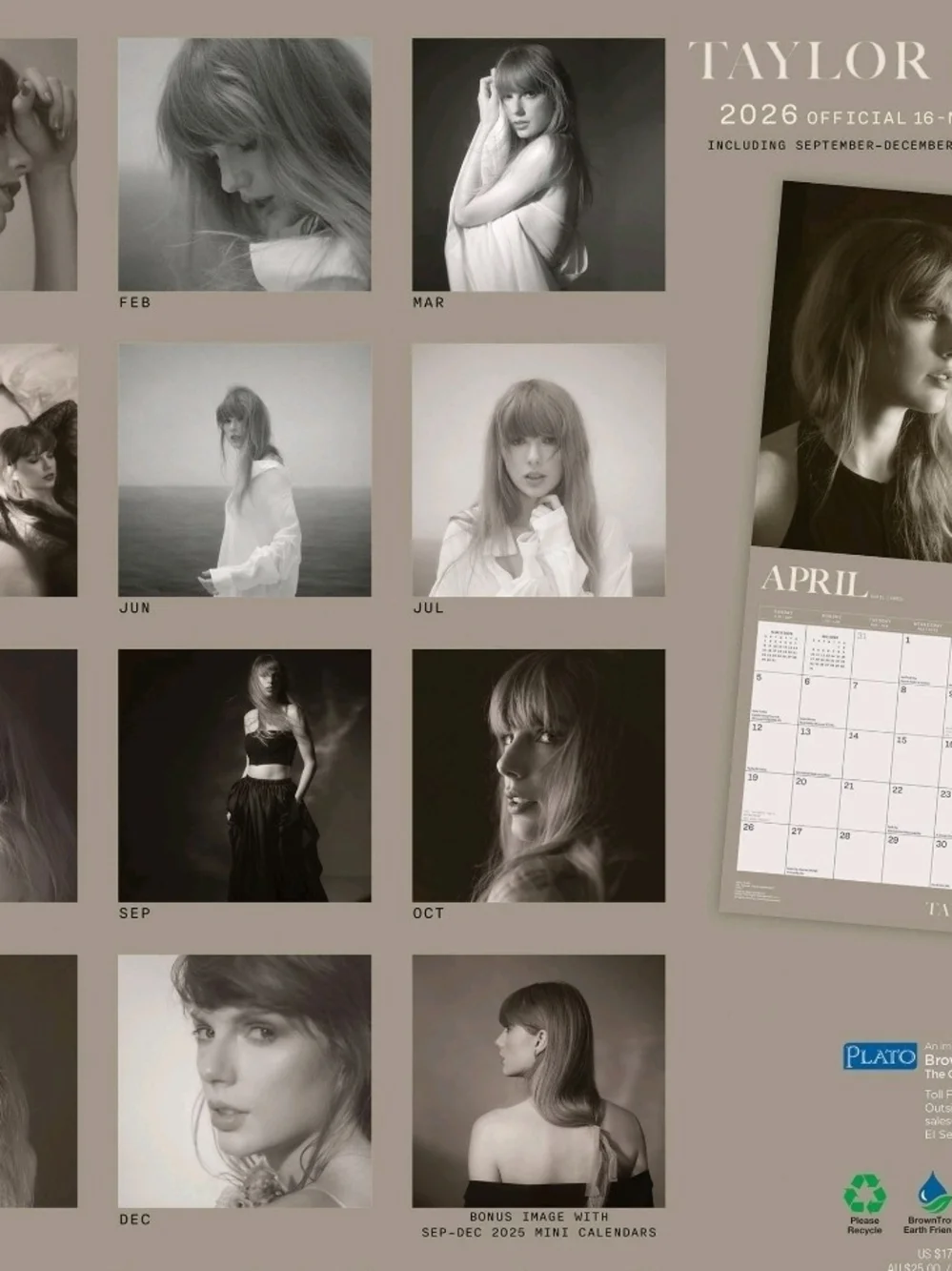 Taylor Swift Gray and White Wall Calendar - Monthly 2026